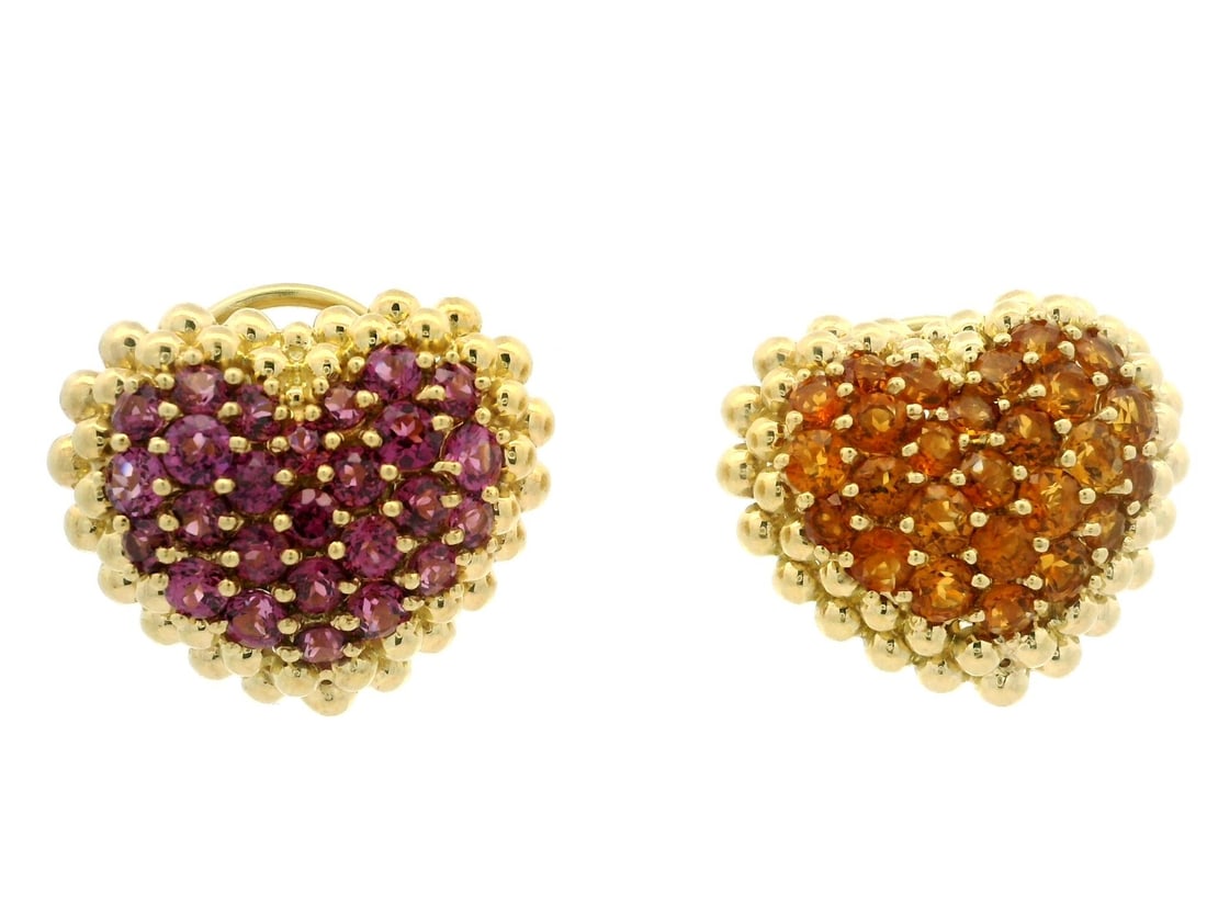 GioielModa 18k Gold Beaded Heart Earrings with Citrine Rhodolite: GioielModa 18k Gold Beaded Heart Earrings with Citrine Rhodolite These exquisite earrings feature a stunning design crafted from solid 18k yellow gold, showcasing a beautiful combination of natural ci