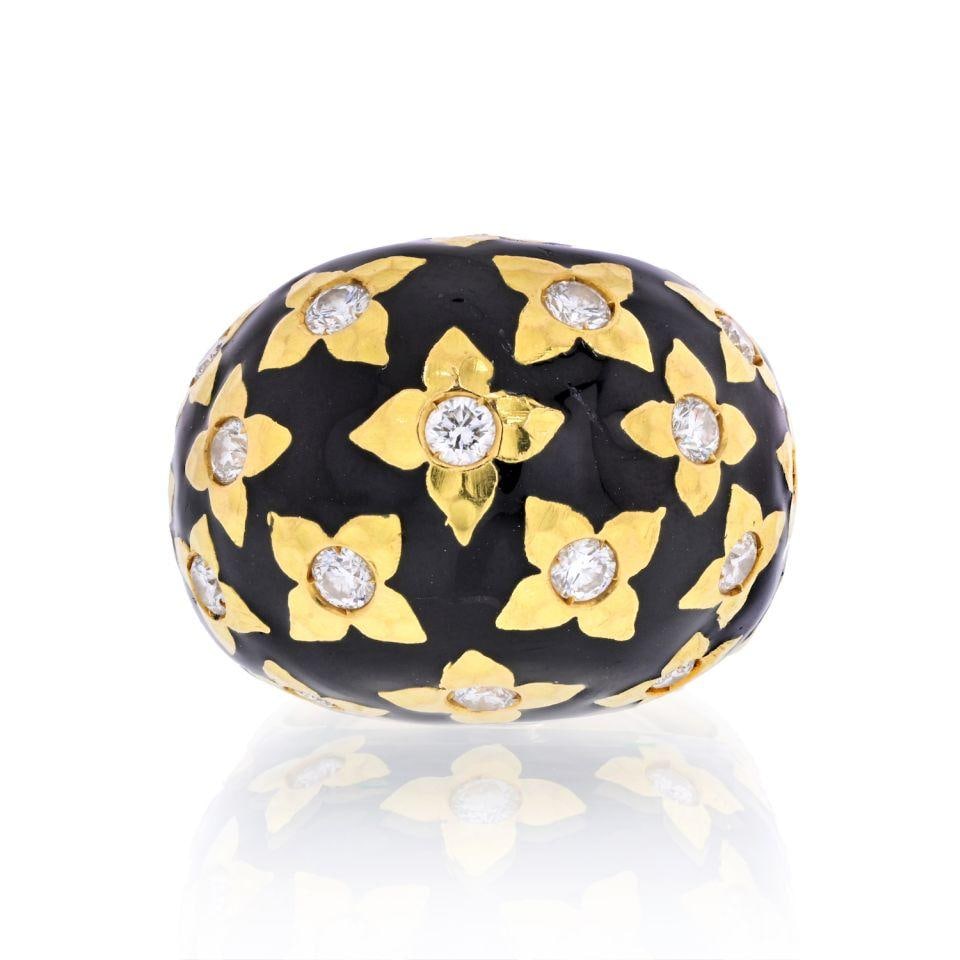 David Webb Platinum 18K Yellow Gold Black Enamel Diamond Flower Ring (1 of 5)