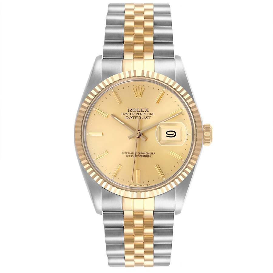 1988 Datejust Ref 16013 Champagne Stick Dial Jubilee Bracelet with Papers: 1988 Datejust Ref 16013 Champagne Stick Dial Jubilee Bracelet with Papers This is a men's Rolex Datejust watch, reference 16013, featuring a champagne stick dial and a fluted bezel. It is fitted with