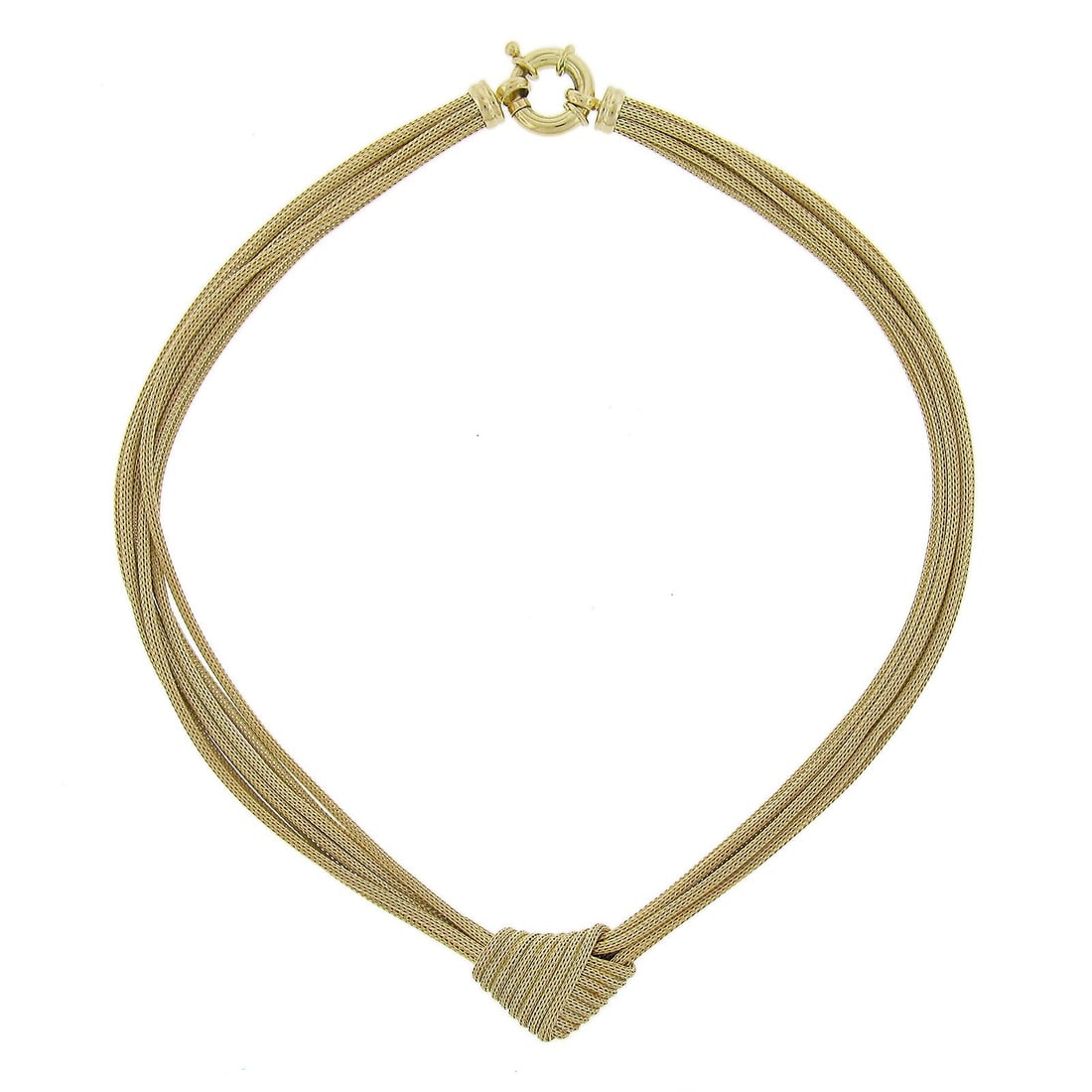 17 Inch Italian Multi Strand 14k Yellow Gold Wheat Mesh Necklace With Knot Detail: 17 Inch Italian Multi Strand 14k Yellow Gold Wheat Mesh Necklace With Knot Detail This Italian necklace features multiple strands of wheat tube mesh links in solid 14k rosy yellow gold. The design is