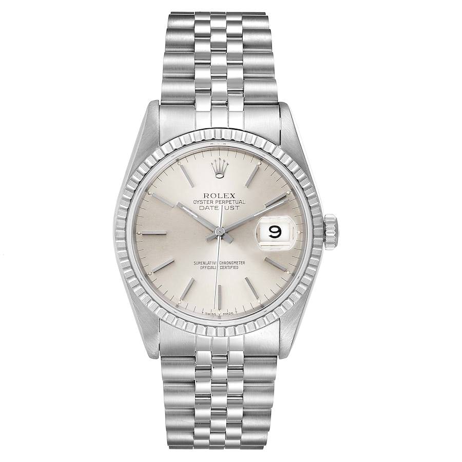 Datejust Ref 16220 Men's Watch with Silver Stick Dial and Jubilee Bracelet: Datejust Ref 16220 Men's Watch with Silver Stick Dial and Jubilee Bracelet This is a Rolex Datejust watch featuring a silver stick dial on a Jubilee bracelet. The watch has an engine-turned bezel and