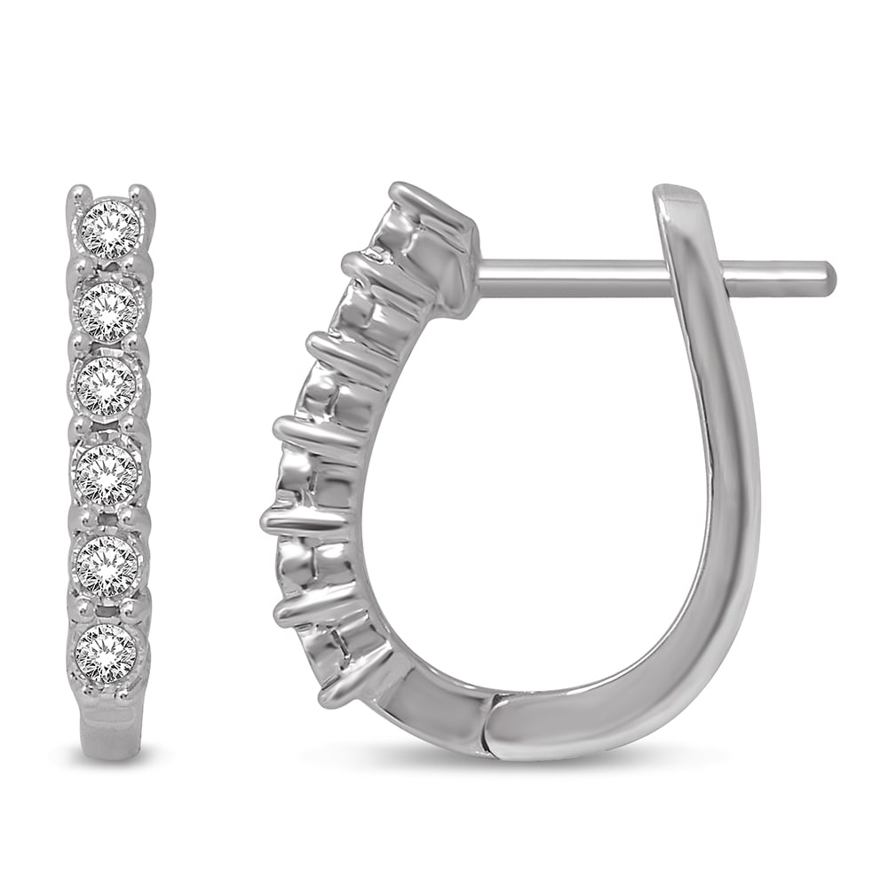 14K White Gold 1/2 Ct.Tw. Diamond Hoop Earrings: 14K White Gold 1/2 Ct.Tw. Diamond Hoop Earrings These amazing Earrings are available in 14K White Gold. There are 16 round diamonds with a total carat weight of 1/2 Ct.Tw. 14k White Gold Stone Color: