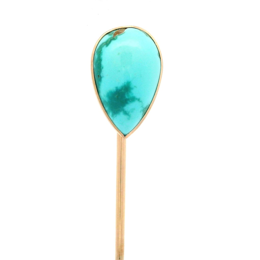Vintage 14k Yellow Gold Turquoise Teardrop Stick Pin: Vintage 14k Yellow Gold Turquoise Teardrop Stick Pin This exquisite vintage collectible stick pin features a stunning natural genuine turquoise stone in a cabochon teardrop shape, bezel set to highlig