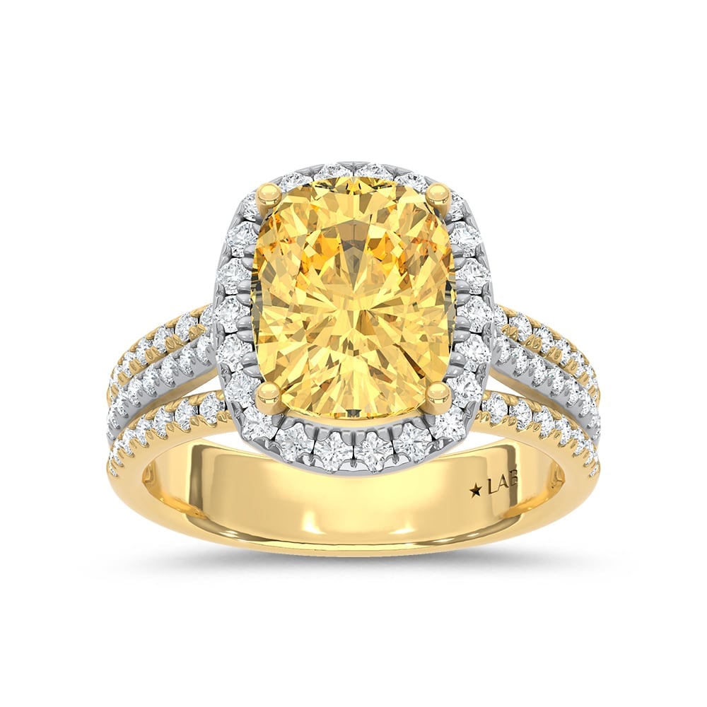 14K Two Tone Gold Lab Grown Diamond 5 3/4 Ct.Tw. Yellow Cushion Engagement Ring (Center 5ct): 14K Two Tone Gold Lab Grown Diamond 5 3/4 Ct.Tw. Yellow Cushion Engagement Ring (Center 5ct) Make a bold statement with this 14K Two-Tone Gold Engagement Ring, featuring a magnificent 5-carat lab-grow
