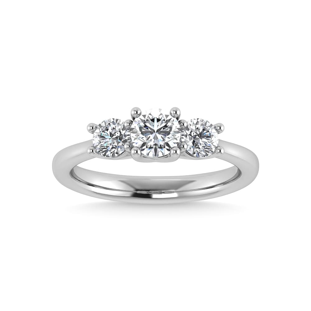 10K White Gold Lab Grown Diamond 1 Ct.Tw. Engagement Ring: 10K White Gold Lab Grown Diamond 1 Ct.Tw. Engagement Ring This stunning three-stone ring features a sparkling 1/2 CT Center diamond with two shimmering side diamonds, symbolizing past, present, and fu