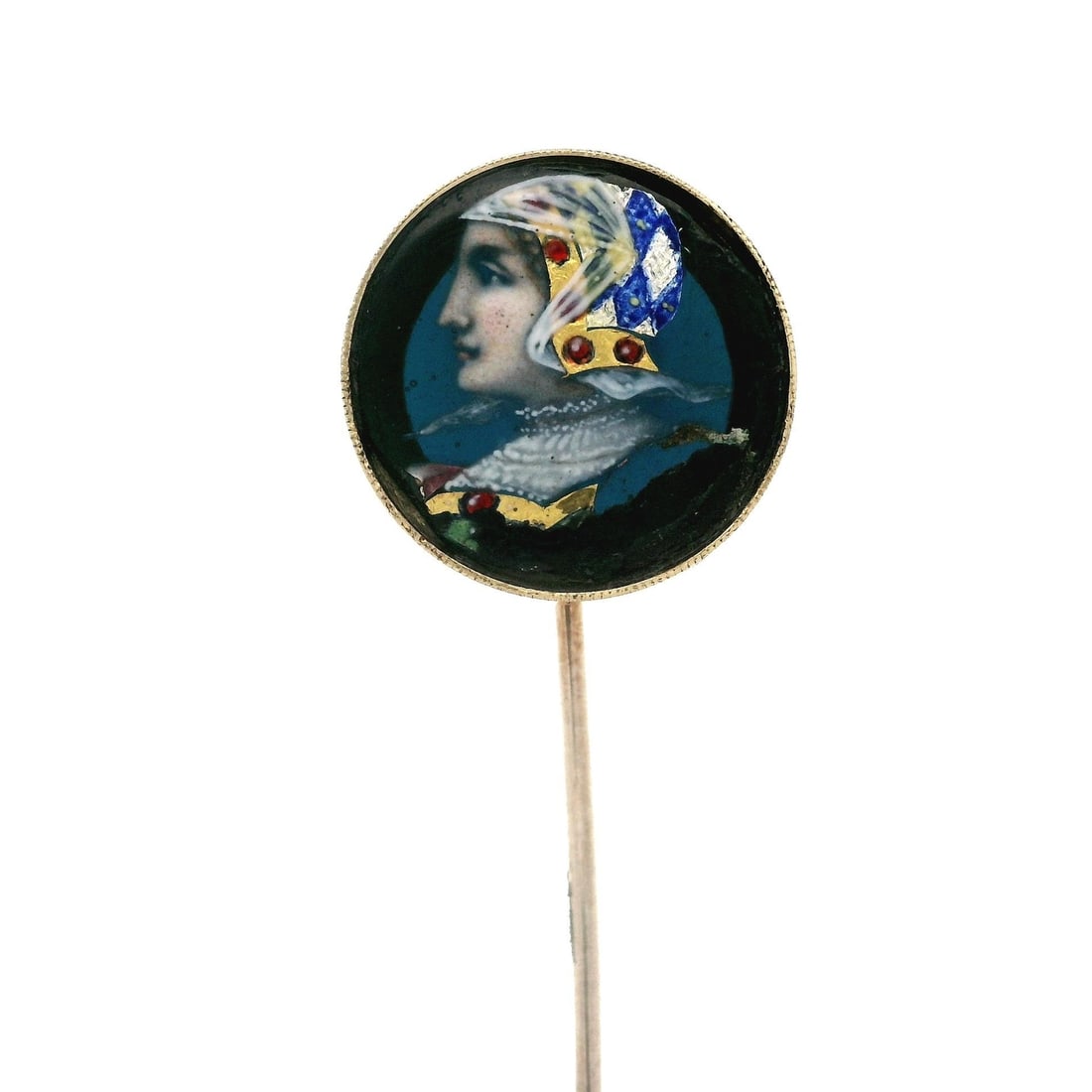 Antique Victorian 14k Gold Blue Glass Knight Portrait Stick Pin: Antique Victorian 14k Gold Blue Glass Knight Portrait Stick Pin This exquisite Antique Victorian stick pin features a stunning hand-painted knight portrait encased in a vibrant blue glass. Crafted fro