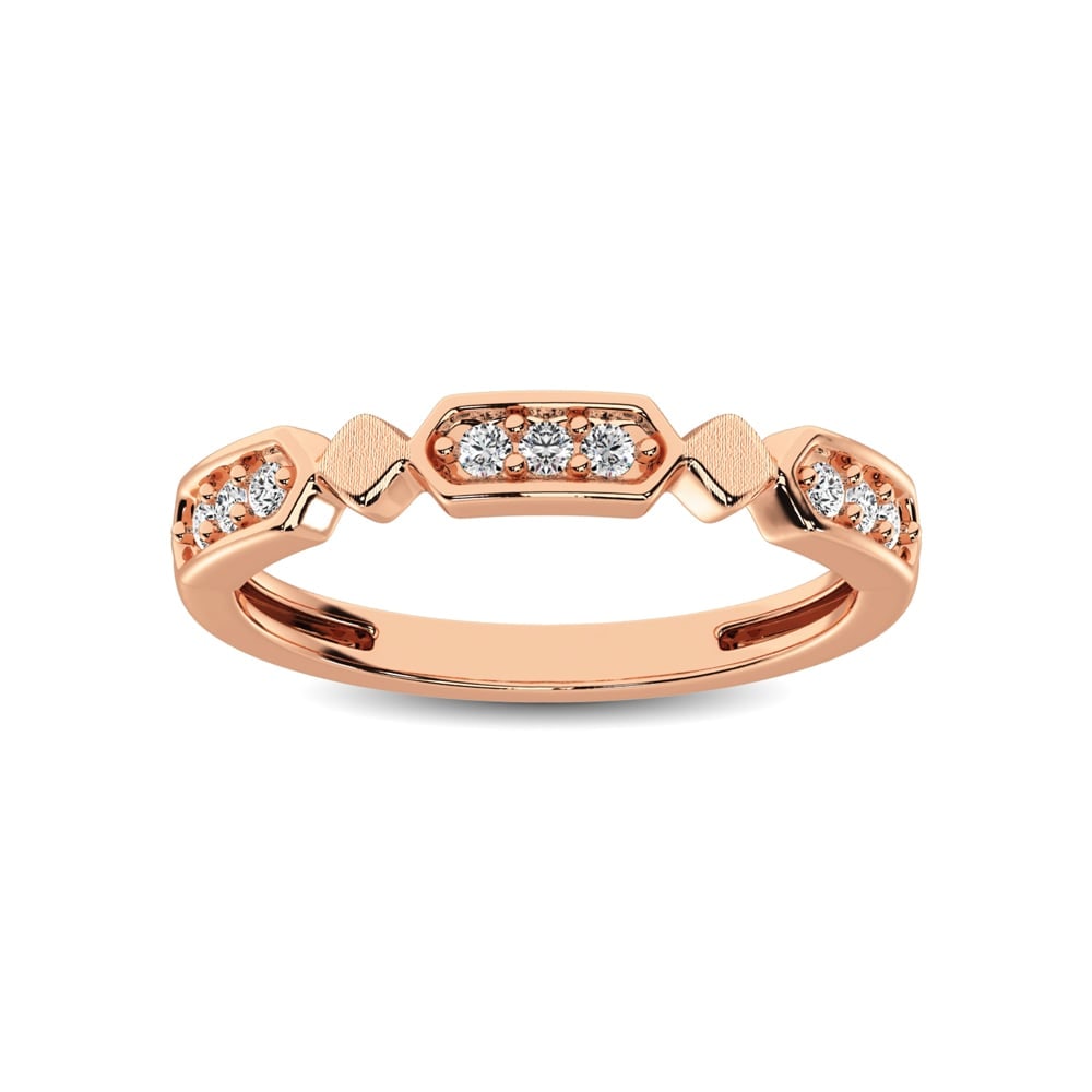 14K Rose Gold 1/6 Ct.Tw. Diamond Stackable Band: 14K Rose Gold 1/6 Ct.Tw. Diamond Stackable Band This beautiful ring is available in 14K Rose Gold. There are 9 round diamonds with a total carat weight of 1/6 Ct.Tw. set in a Shared Prong setting.
