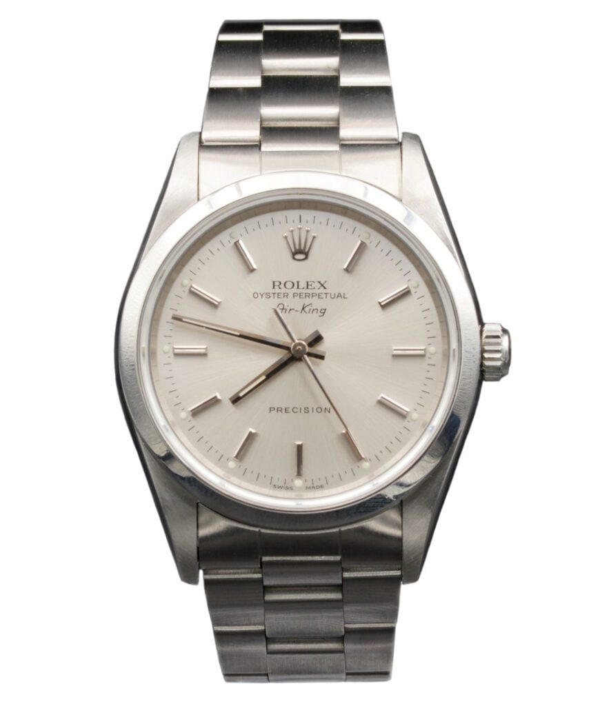 Unisex Rolex Air-King Ref 14000 Oyster Bracelet Silver Dial Watch: Unisex Rolex Air-King Ref 14000 Oyster Bracelet Silver Dial Watch This Rolex Air-King features a silver dial and smooth bezel, complemented by the iconic Oyster bracelet. Designed for unisex wear, thi