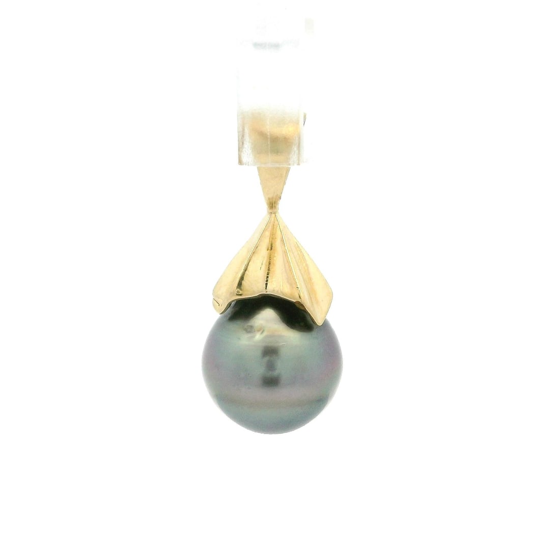 14k Yellow Gold Gray Tahitian Pearl 9.75mm Charm Pendant: 14k Yellow Gold Gray Tahitian Pearl 9.75mm Charm Pendant This exquisite charm pendant features a stunning round bead gray Tahitian pearl, measuring approximately 9.75mm. Set in luxurious 14k yellow go
