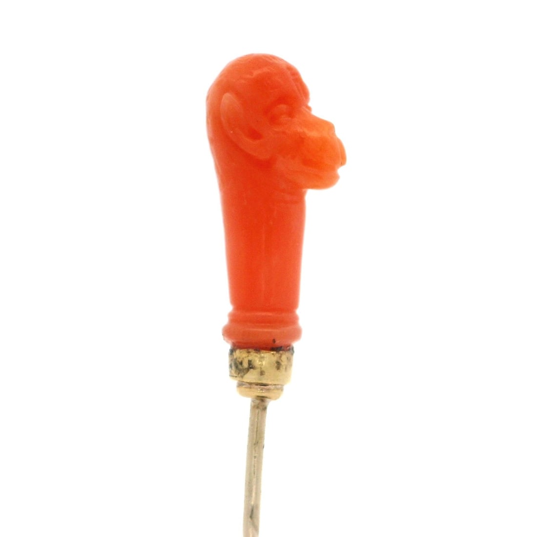 Antique Victorian 12k Gold Coral Camel Head Stick Pin: Antique Victorian 12k Gold Coral Camel Head Stick Pin This exquisite antique Victorian stick pin features a beautifully carved camel head made from genuine natural coral in a light orange or salmon