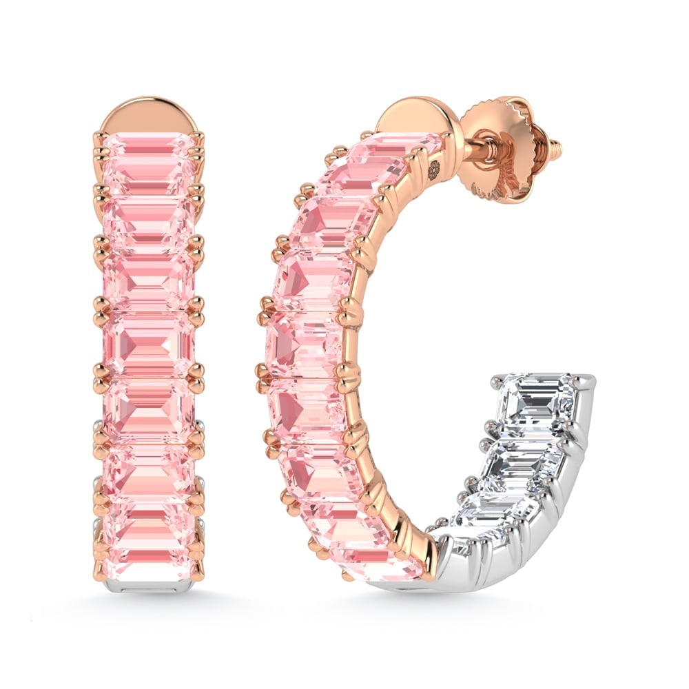 14K Two Tone Lab Grown 5 5/8 Ct.Tw. Outside Pink and Inside White Emerald Hoop Earrings: 14K Two Tone Lab Grown 5 5/8 Ct.Tw. Outside Pink and Inside White Emerald Hoop Earrings Expertly crafted in 14K two-tone gold, these emerald-cut hoop earrings feature 5 5/8 Ct.Tw. of lab grown diamond