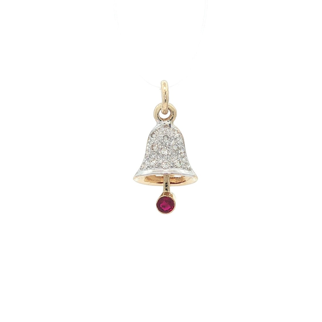 18k Gold .20ctw Diamond Ruby Bell Charm Pendant: 18k Gold .20ctw Diamond Ruby Bell Charm Pendant This exquisite charm pendant features a swinging center bell design, crafted from solid 18k yellow gold. The pendant showcases a stunning round