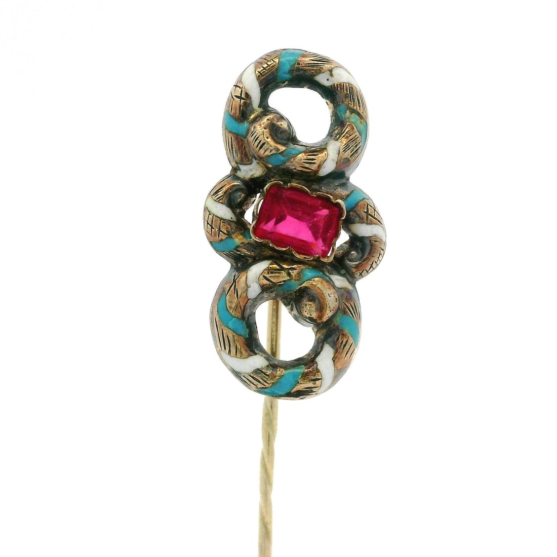 Antique Victorian 14K Gold Coiled Snake Stick Pin with Red Stone and Enamel: Antique Victorian 14K Gold Coiled Snake Stick Pin with Red Stone and Enamel This exquisite Antique Victorian stick pin features a coiled snake design crafted from solid 14k yellow gold, adorned with i