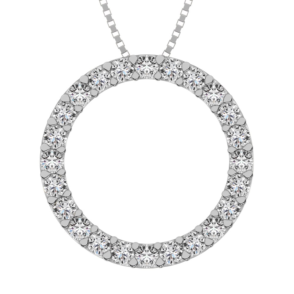 Circle Frame Diamond 1/2 Ct.Tw. Pendant: Circle Frame Diamond 1/2 Ct.Tw. Pendant Created in 10K White Gold, this open circle-shaped design is completely outlined with shimmering 1/2 Ct.Tw. diamond accents. Polished to a bright shine, this 18