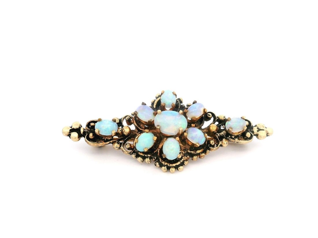 Vintage Victorian Revival 14K Yellow Gold Opal Bead Bar Brooch: Vintage Victorian Revival 14K Yellow Gold Opal Bead Bar Brooch This exquisite Vintage Victorian Revival Bar Pin Brooch features nine natural genuine Australian opals, each expertly cut into oval caboc