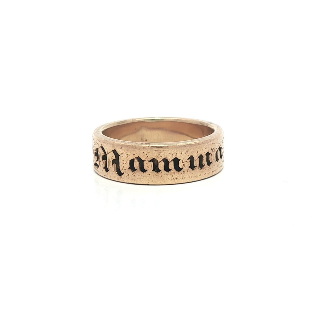 Antique Victorian 12-14k Yellow Gold MAMMA Engraved Band Ring: Antique Victorian 12-14k Yellow Gold MAMMA Engraved Band Ring This exquisite Antique Victorian English Band Ring features a unique "MAMMA" cutout engraving, crafted from solid 12-14k yellow gold. With