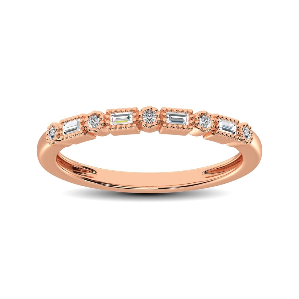14K Rose Gold 1/10 Ct.tw Round and Tapper Diamond Band Ring: 14K Rose Gold 1/10 Ct.tw Round and Tapper Diamond Band Ring Crafted in warm 14K Rose Gold, this slender band features alternating bezel-set Tapper and round diamonds with milligrain detailing. Radiant