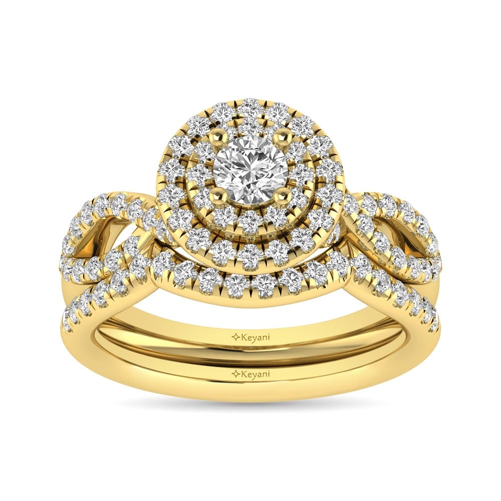 Diamond Twist Shank Double Halo Bridal Ring 1 Ct.tw Round Cut in 14K Yellow Gold: Diamond Twist Shank Double Halo Bridal Ring 1 Ct.tw Round Cut in 14K Yellow Gold This Twist Shank Double Halo Bridal Ring set with Round Cut diamond 1/4 Ct.Tw. center. Total diamond weight 1 Ct.Tw. 14