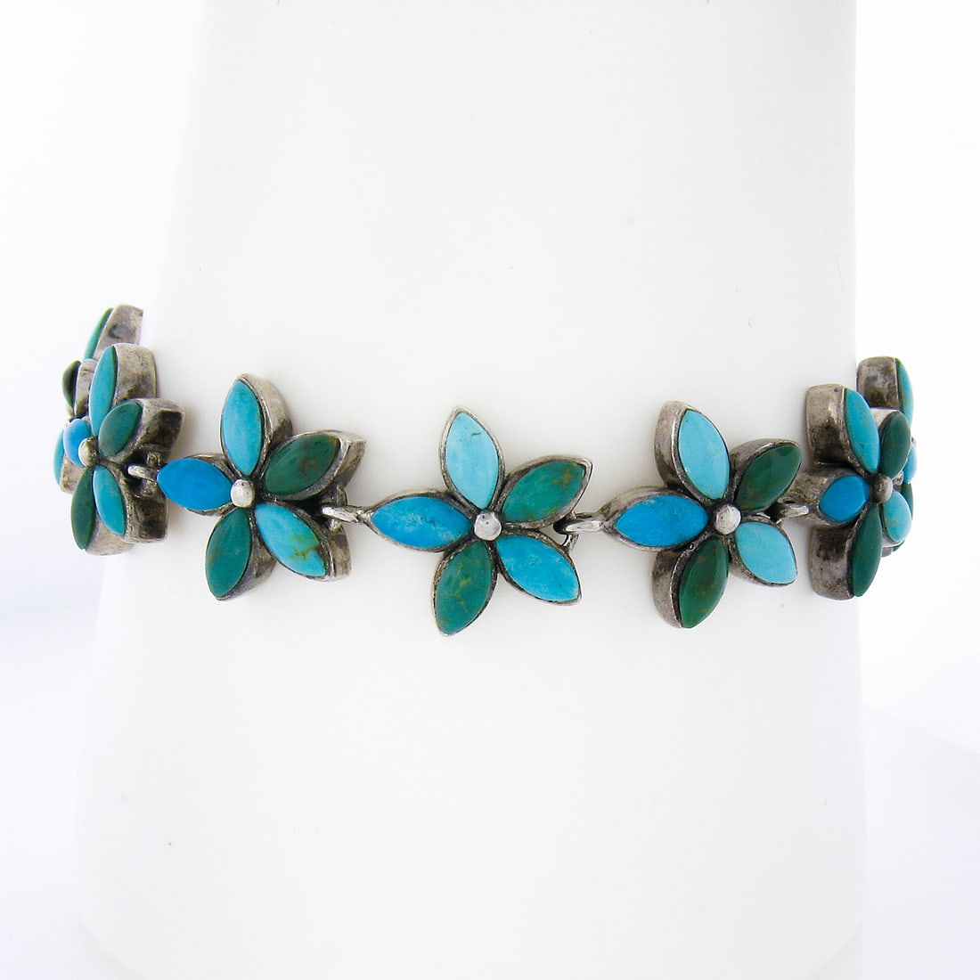Vintage Sterling Silver Floral Link Bracelet with Natural Blue Turquoise (1 of 6)