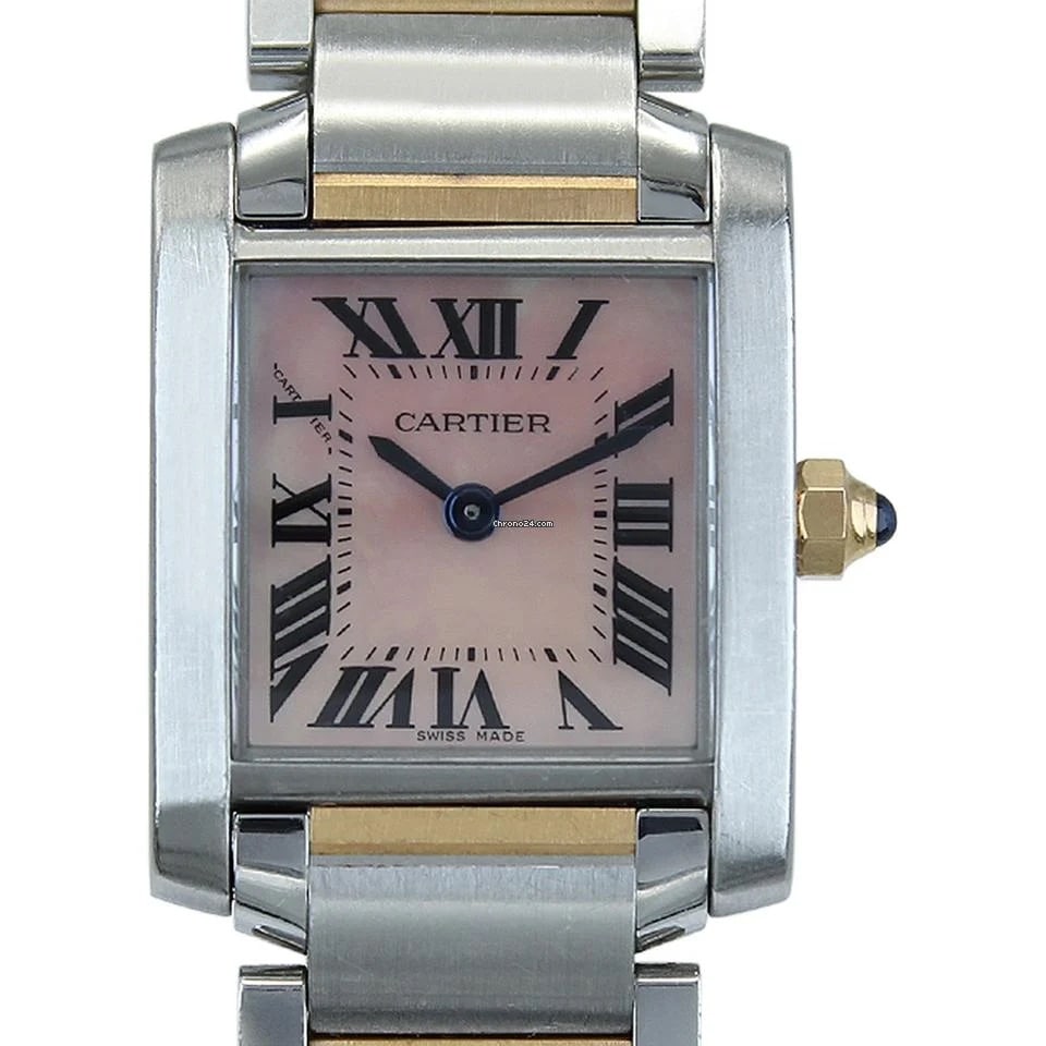 18k Yellow Gold Steel Cartier Tank Reference 2384 Pink Mother of Pearl Dial 26mm: 18k Yellow Gold Steel Cartier Tank Reference 2384 Pink Mother of Pearl Dial 26mm This is a Cartier Tank watch featuring a pink mother-of-pearl dial. The case measures 26mm and is crafted from a combin