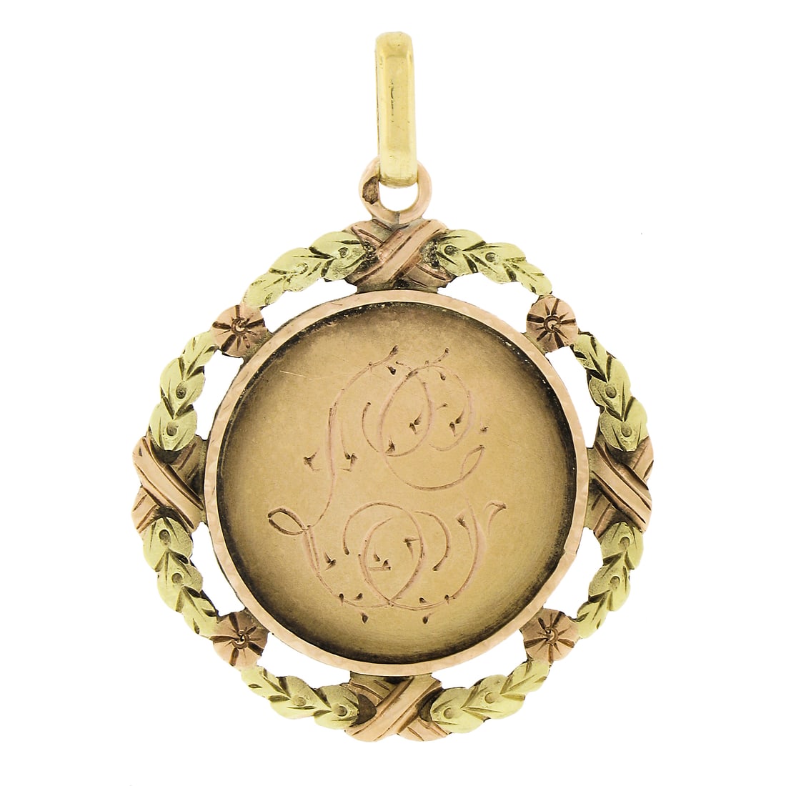 Antique French 18k Tri Color Gold Engraved Floral Pendant: Antique French 18k Tri Color Gold Engraved Floral Pendant This exquisite antique medallion pendant showcases a stunning tri-color design, crafted from 18K solid gold in yellow, rose, and green hues. I