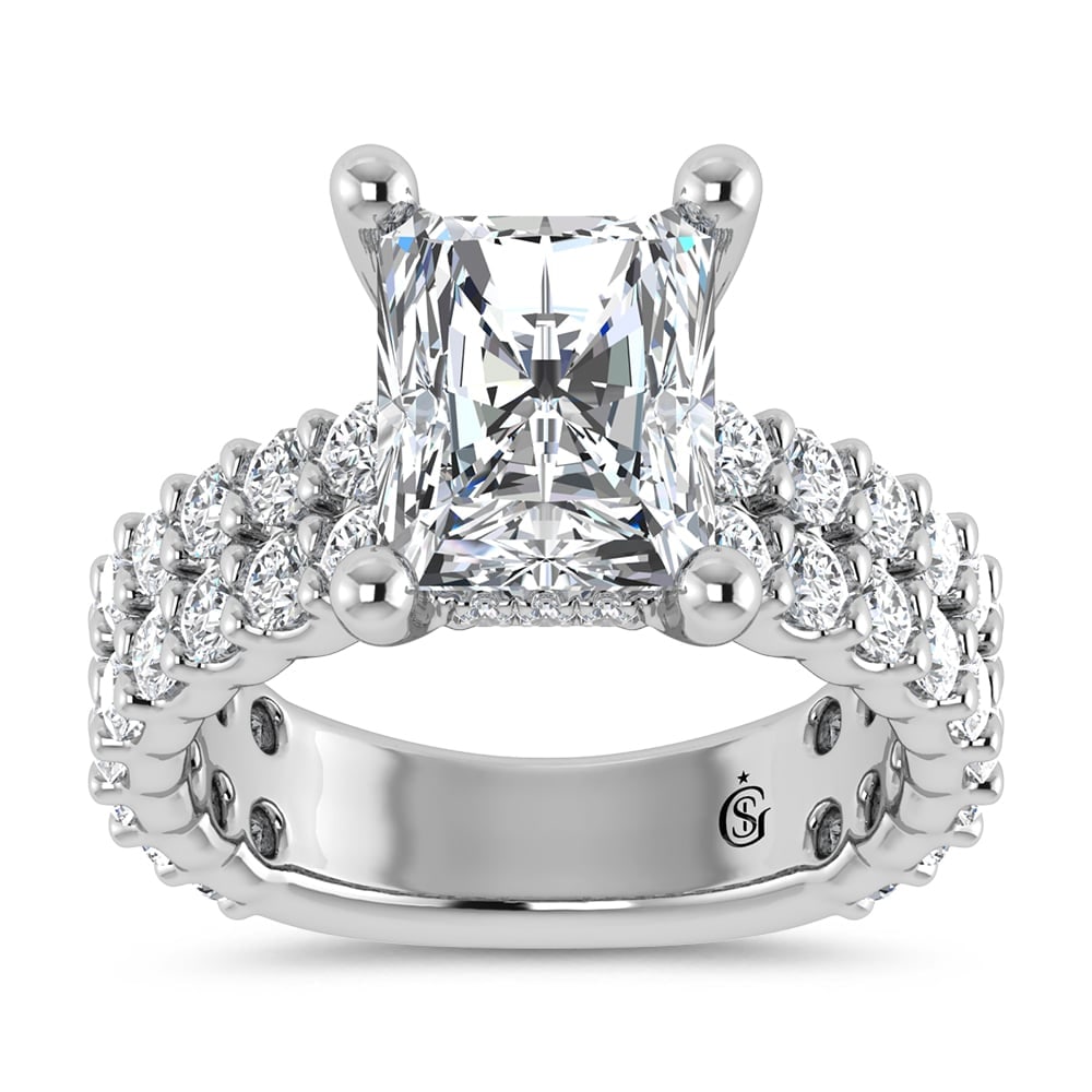 14K White Gold Lab Grown Diamond 5 1/2 Ct.Tw. Double Line Engagement Ring (IGI Certified Center 4ct): 14K White Gold Lab Grown Diamond 5 1/2 Ct.Tw. Double Line Engagement Ring (IGI Certified Center 4ct) This elegant diamond engagement ring crafted in 14k white gold, features a Radiant-cut center stone