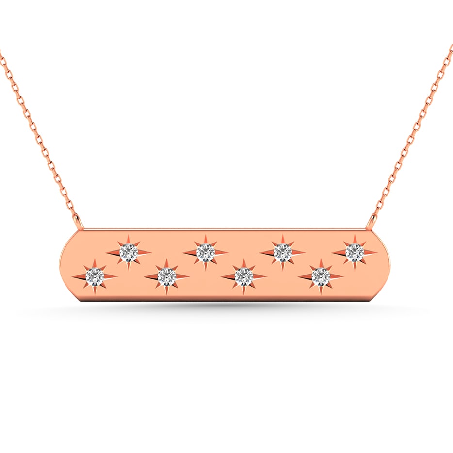 Diamond 1/8 Ct.Tw. Bar Necklace in 14K Rose Gold: Diamond 1/8 Ct.Tw. Bar Necklace in 14K Rose Gold 14k Rose Gold Stone Color: H-i Stone Clarity: I1 This item may take 2-5 weeks for shipping. The Diamond Depot Guarantee: All items in this auction are