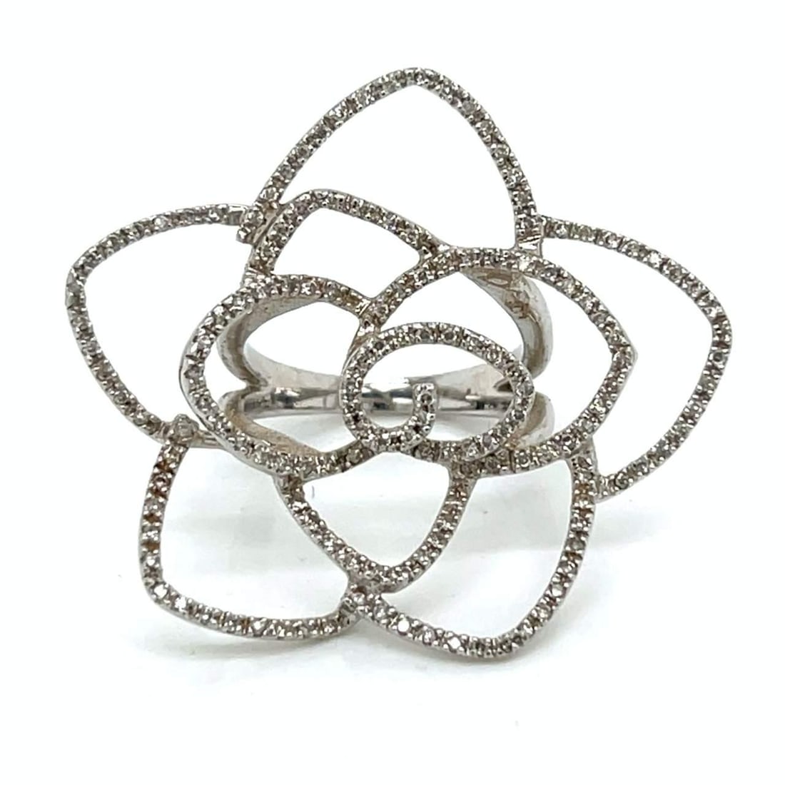14K White Gold Flower Ring with 1.00 Ct Diamonds: 14K White Gold Flower Ring with 1.00 Ct Diamonds This exquisite 14K White Gold Diamond Flower Ring features a stunning flower design, elegantly set with approximately 1.00 Ct. of diamonds. The
