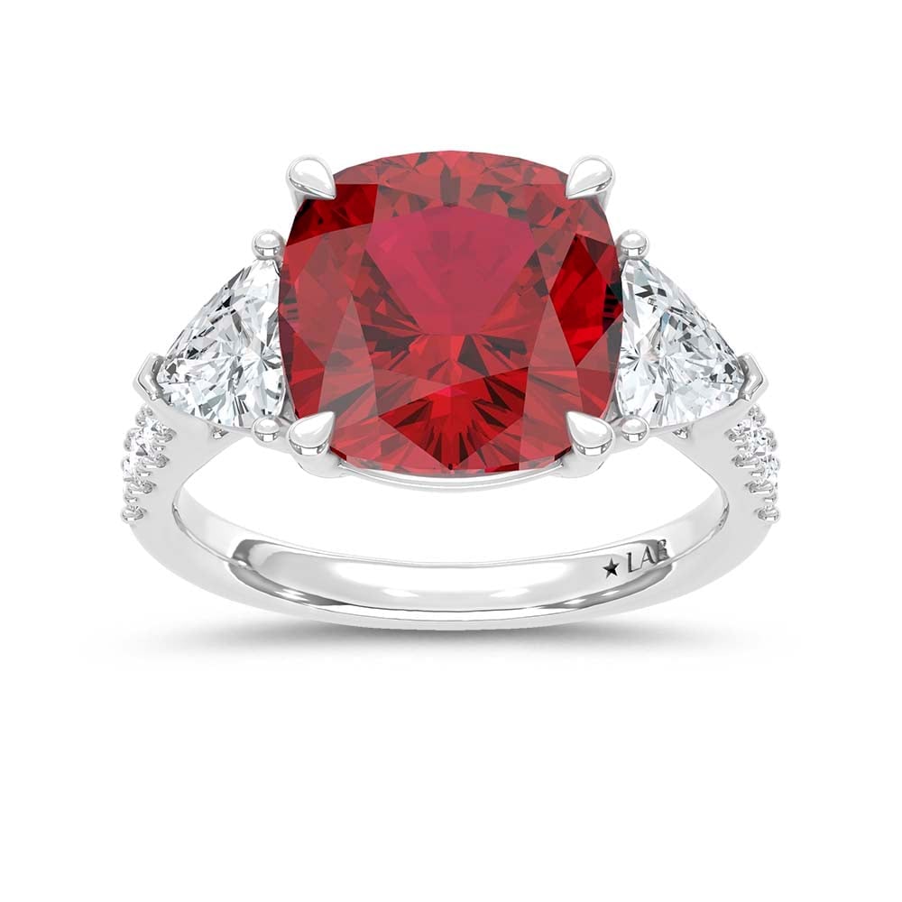 14K White Gold Lab Grown Diamond 9 Ct.Tw. Cushion Shape Recrystalized Ruby Engagement Ring (Center 7: 14K White Gold Lab Grown Diamond 9 Ct.Tw. Cushion Shape Recrystalized Ruby Engagement Ring (Center 7 3/4 ct) Make a statement of ultimate elegance with this 14K white gold engagement ring, featuring
