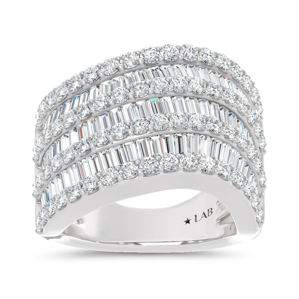 14K White Gold Lab Grown Diamond 2 1/2 Ct.Tw. Round and Tapper Fashion Ring: 14K White Gold Lab Grown Diamond 2 1/2 Ct.Tw. Round and Tapper Fashion Ring This polished 14K White Gold fashion ring features round and tapered lab grown diamonds totaling 2 1/2 Ct.Tw., perfect for