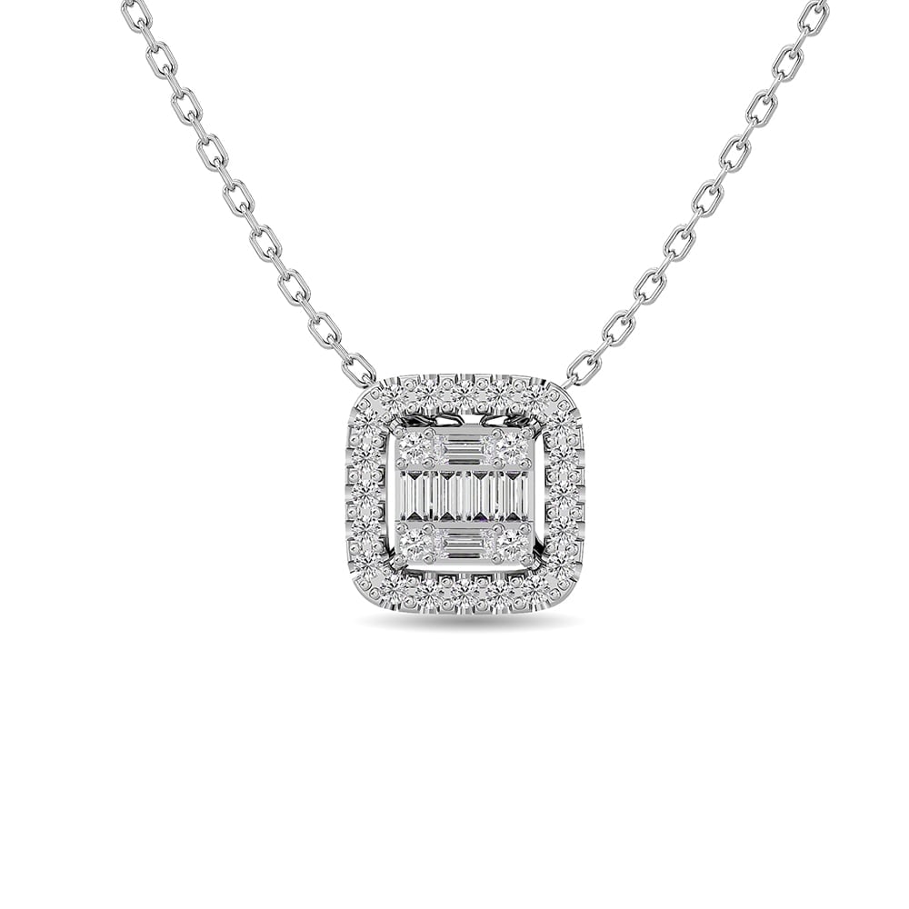 Diamond 1/4 Ct.Tw. Round and Baguette Fashion Pendant in 14K White Gold: Diamond 1/4 Ct.Tw. Round and Baguette Fashion Pendant in 14K White Gold 14k White Gold Stone Color: G-h Stone Clarity: Si2 This item may take 2-5 weeks for shipping. The Diamond Depot Guarantee: