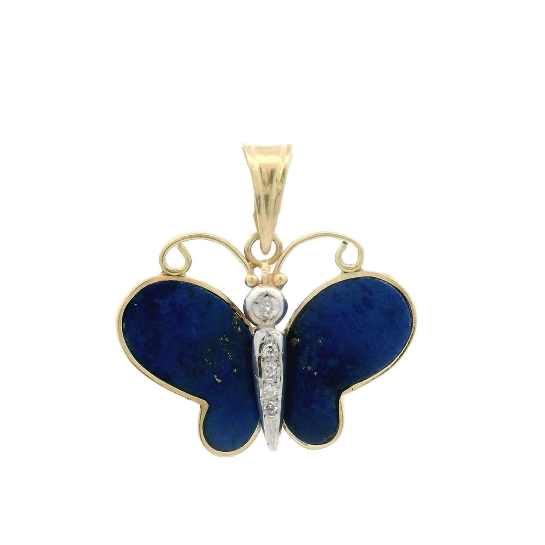 Vintage Butterfly Charm Pendant Yellow Gold Lapis Diamond Accents: Vintage Butterfly Charm Pendant Yellow Gold Lapis Diamond Accents This exquisite vintage butterfly charm pendant is crafted from solid 13-14k yellow gold with elegant white gold accents. The design fe