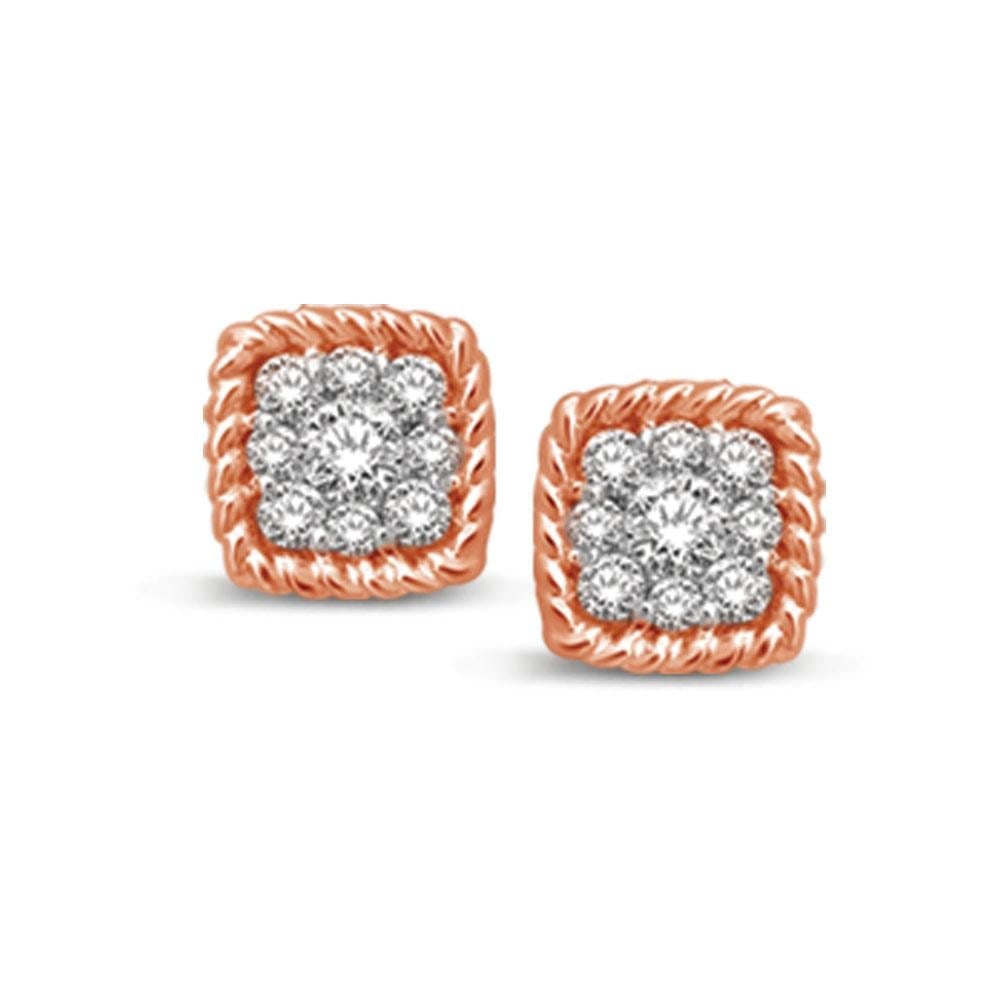 14K Rose Gold 1/5 Ct.tw Diamond Square Flower Stud Earrings: 14K Rose Gold 1/5 Ct.tw Diamond Square Flower Stud Earrings These glamorous earrings are available in 14K Rose Gold. There are 18 round diamonds with a total carat weight of 1/5 Ct.Tw. set in a