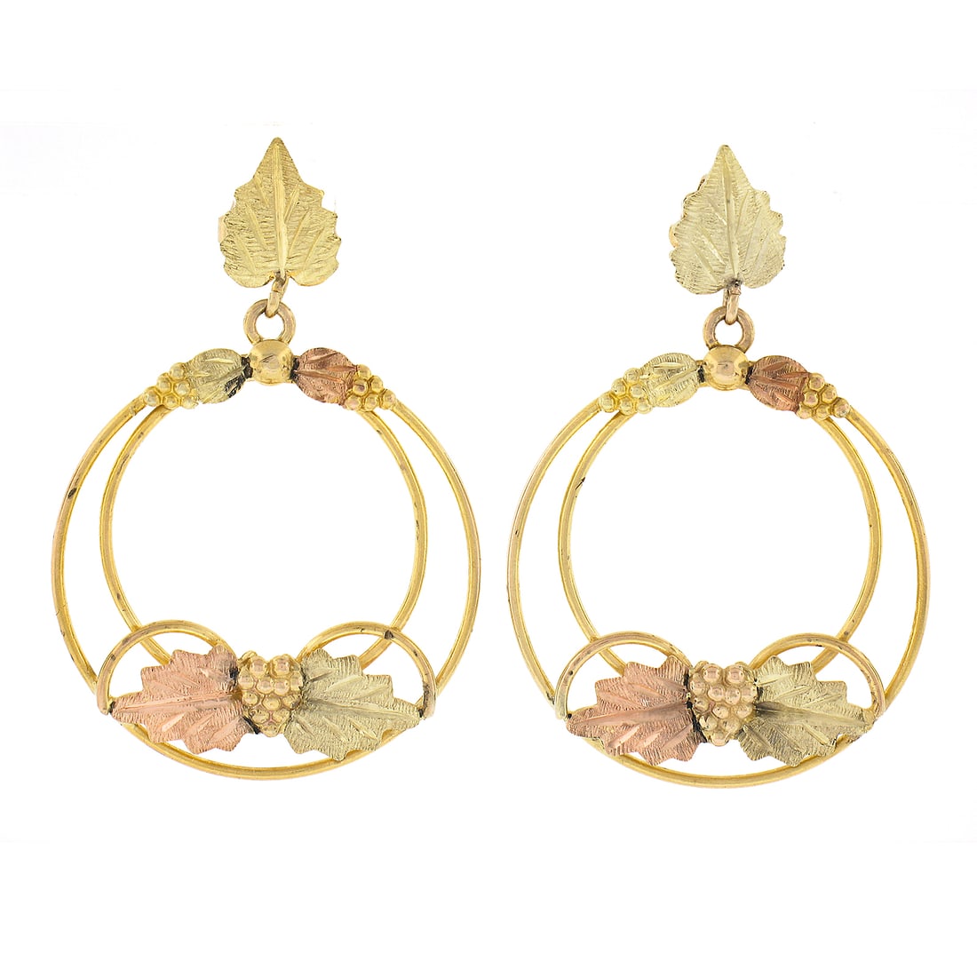 10k Two Tone Gold Grape Leaf Circle Drop Earrings: 10k Two Tone Gold Grape Leaf Circle Drop Earrings Enhance your jewelry collection with these stunning 10k Two Tone Gold Etched Textured Grape Leaf Open Circle Drop Dangle Earrings. Crafted from solid