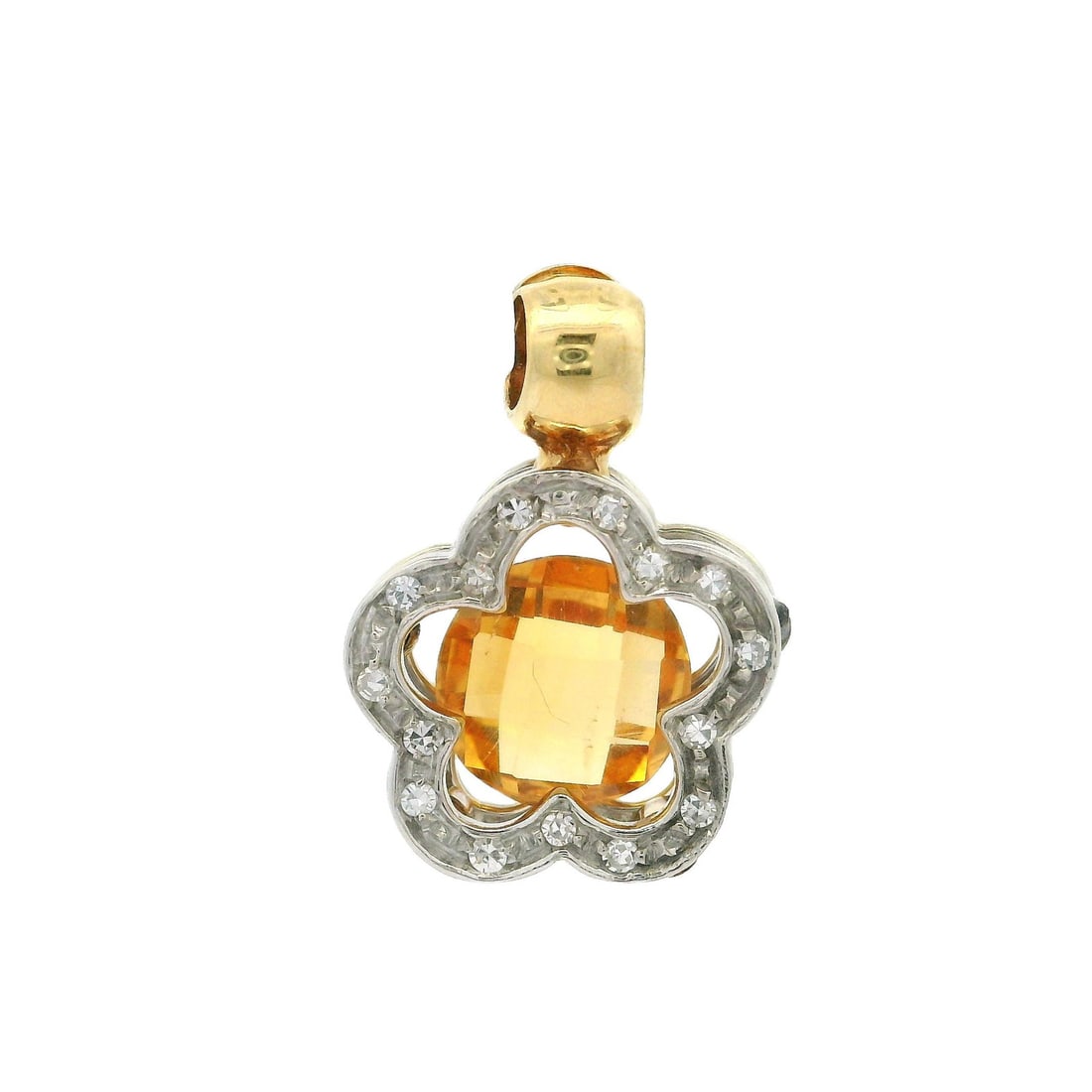14k Gold Flower Star Charm Pendant with Diamonds and Citrine: 14k Gold Flower Star Charm Pendant with Diamonds and Citrine This exquisite Italian charm pendant features a stunning flower star design, crafted from solid 14k yellow and white gold. The centerpiece