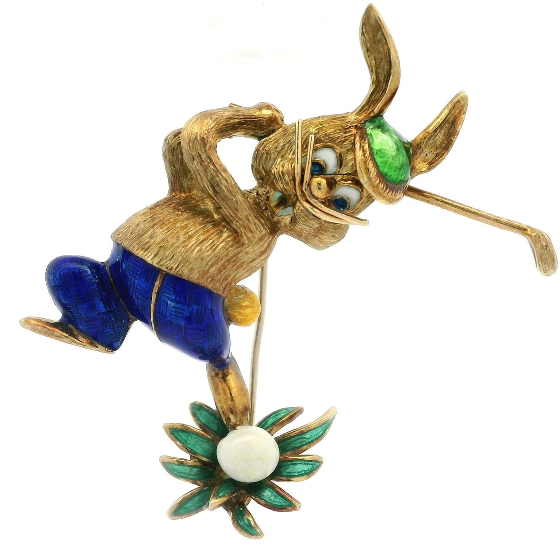 14K Solid Yellow Gold Colorful Enamel Bunny Rabbit Golf Brooch: 14K Solid Yellow Gold Colorful Enamel Bunny Rabbit Golf Brooch This charming brooch features a delightful bunny rabbit design crafted from solid 14 karat yellow gold, accented with vibrant blue, green