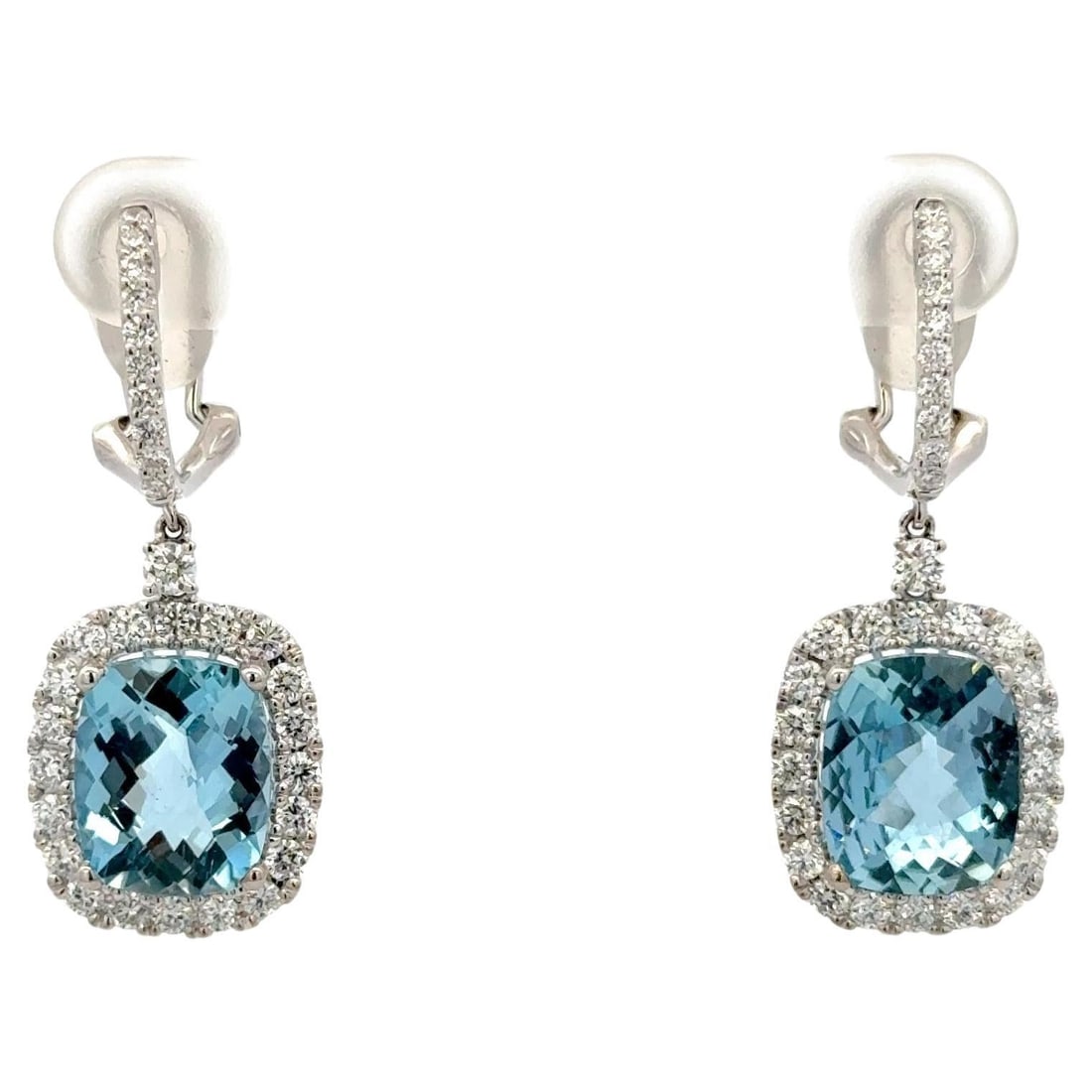 Harbor Diamonds 18K Gold Cushion Cut Aquamarine Diamond Halo Earrings 8.36 CTTW: Harbor Diamonds 18K Gold Cushion Cut Aquamarine Diamond Halo Earrings 8.36 CTTW Elevate your style with these exquisite Cushion Cut Faceted Aquamarine Diamond Halo Drop Earrings. Crafted in luxurious