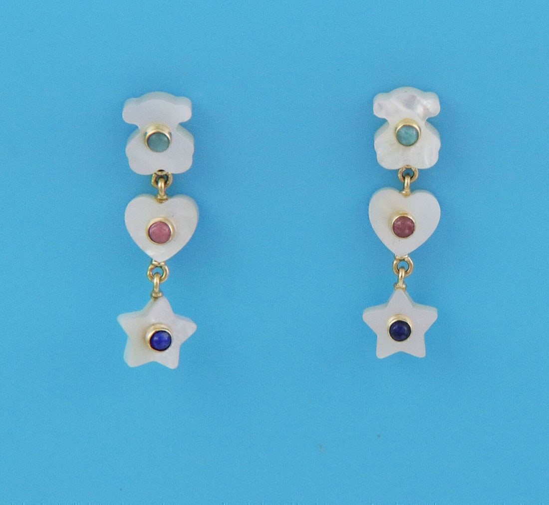 Dangle Earrings in 18k Yellow Gold with Mother of Pearl Lapis Rhodonite by Tous: Dangle Earrings in 18k Yellow Gold with Mother of Pearl Lapis Rhodonite by Tous These dangle earrings feature an elegant combination of mother of pearl, lapis lazuli, and rhodonite gemstones, all set