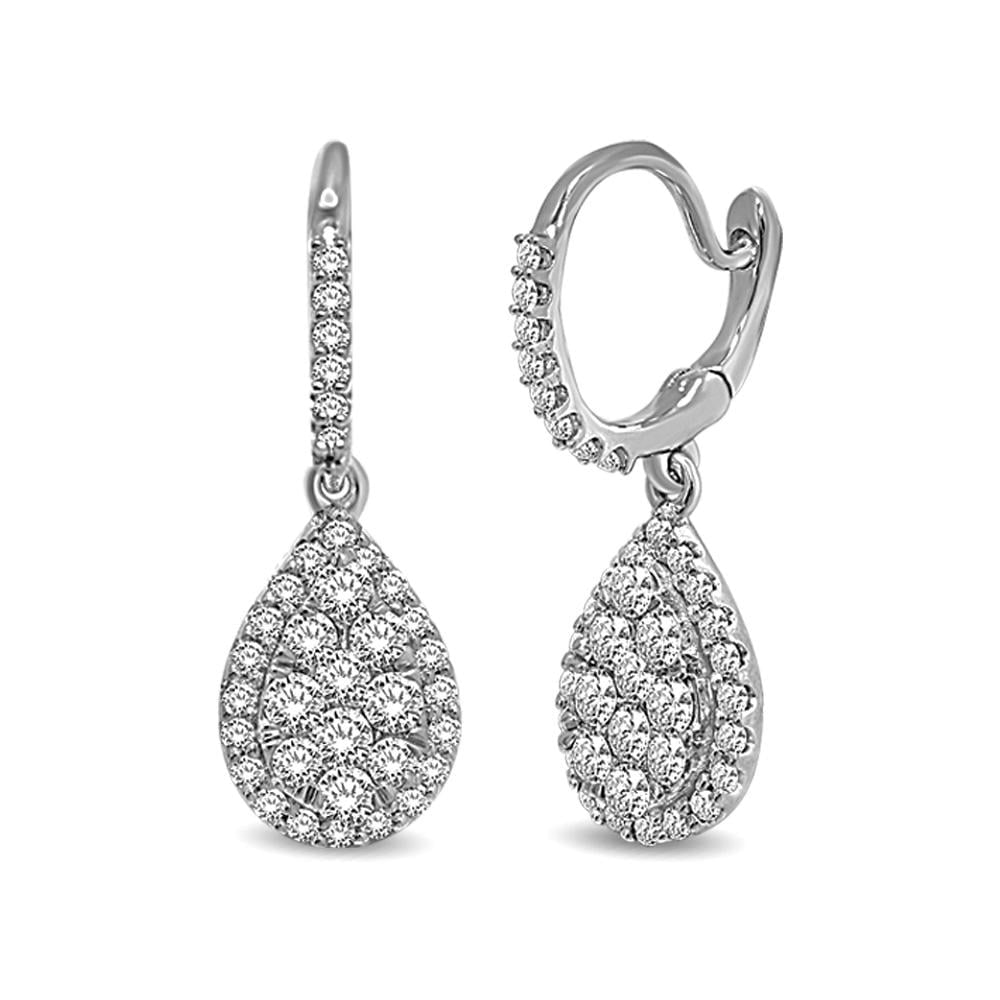14K White Gold 1 Ct.tw Diamond Drop Earrings: 14K White Gold 1 Ct.tw Diamond Drop Earrings Stunning 14K white gold 1 Ct.Tw. diamond drop Earrings features a pear shape cluster head and surrounded by a frame of shimmering diamonds. Additional roun