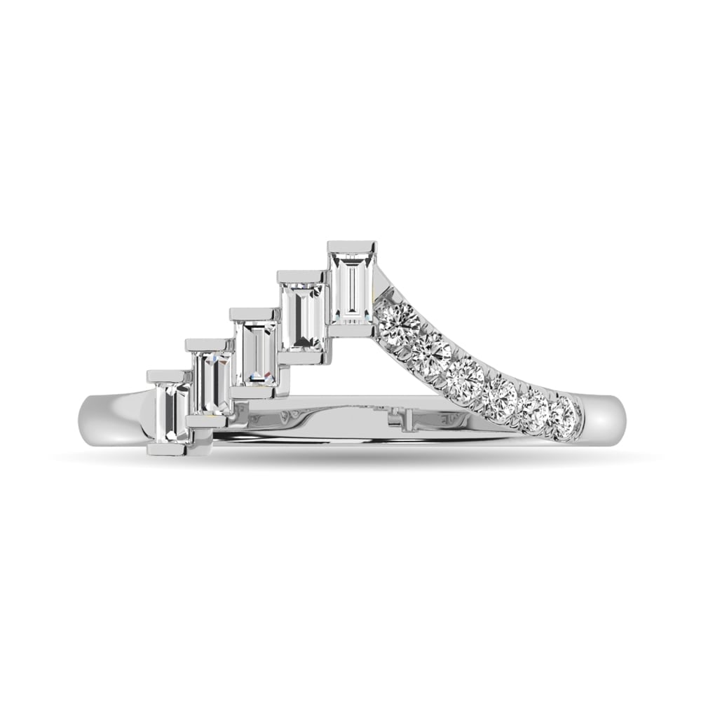Diamond 1/4 Ct.tw Round and Baguette Band in 10K White Gold: Diamond 1/4 Ct.tw Round and Baguette Band in 10K White Gold 10k White Gold Stone Color: Gh Stone Clarity: Si2 Each ring is presented in standard size 6.5. Complimentary resizing is available between s
