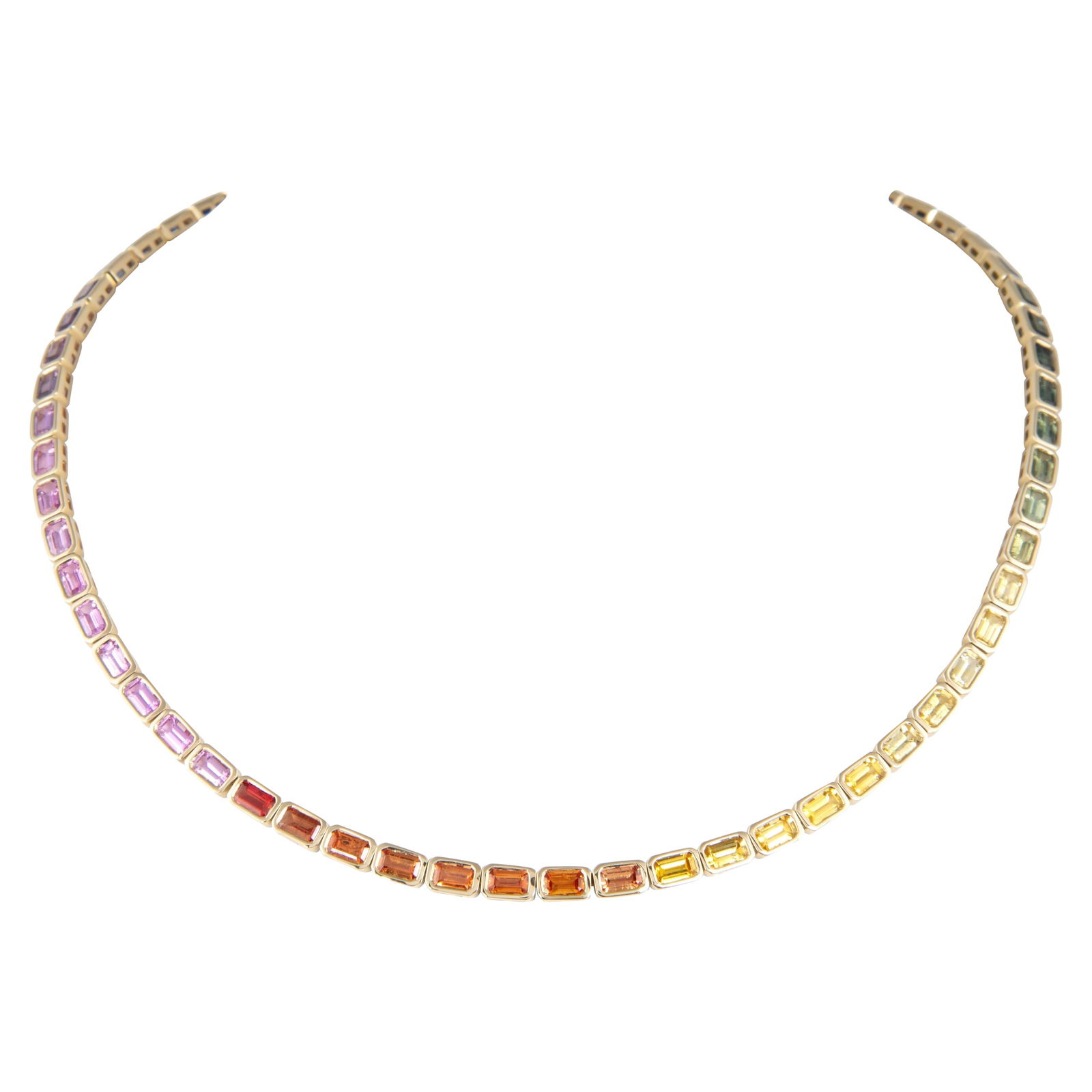 17.85ct Emerald Cut Rainbow Sapphire Necklace in 14k Gold: 17.85ct Emerald Cut Rainbow Sapphire Necklace in 14k Gold This stunning 17.85ct Emerald Cut Rainbow Sapphire Necklace showcases a vibrant collection of sapphires in a contemporary design. Crafted in 1