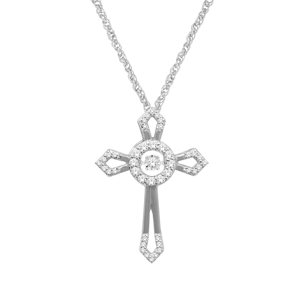 10K White Gold 1/4 Ct.Tw. Moving Diamond Cross Pendant: 10K White Gold 1/4 Ct.Tw. Moving Diamond Cross Pendant This Cross Pendant Crafted In 10K White Gold And Studded With Glittering Moving Diamonds Weighing Approximately 1/4 Ct.Tw. Classic And Elegant, T