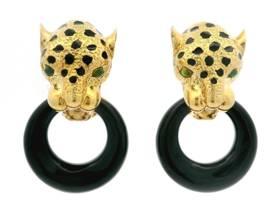 18k Gold Tourmaline Enamel Panther Earrings with Black Stone Rings: 18k Gold Tourmaline Enamel Panther Earrings with Black Stone Rings These exquisite earrings feature vibrant green natural tourmaline stones set in solid 18k yellow gold, complemented by intricate blac