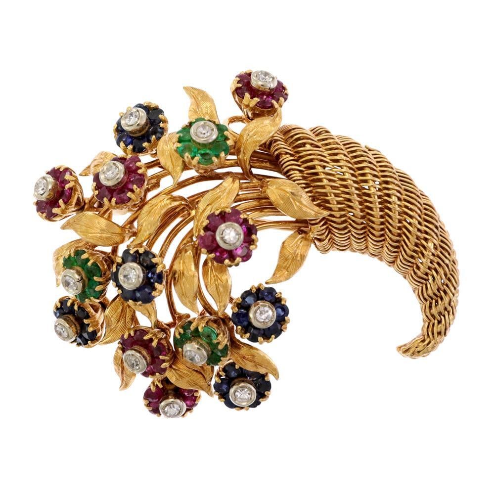 Tiffany & Co Vintage 18k Gold 3.35ct Diamond Cornucopia Flower Brooch: Tiffany & Co Vintage 18k Gold 3.35ct Diamond Cornucopia Flower Brooch This exquisite vintage brooch from Tiffany & Co. showcases a stunning cornucopia basket design crafted from 18k yellow gold, compl