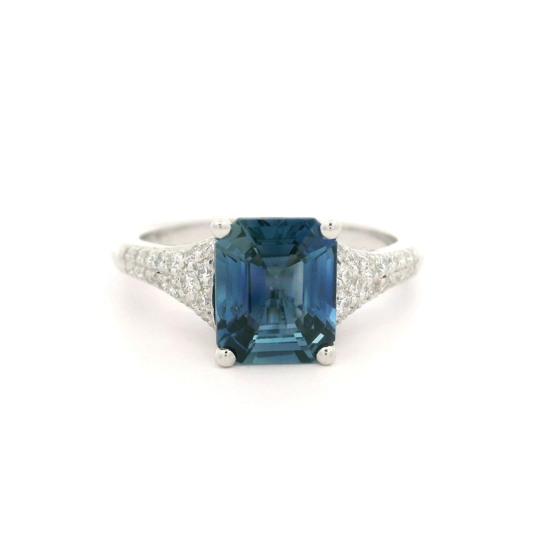 Platinum GIA 2.56ct No Heat Emerald Cut Blue Sapphire Diamond Ring: Platinum GIA 2.56ct No Heat Emerald Cut Blue Sapphire Diamond Ring This exquisite cocktail ring features a stunning 2.16ct natural blue sapphire, elegantly cut in an emerald shape and set in solid pla