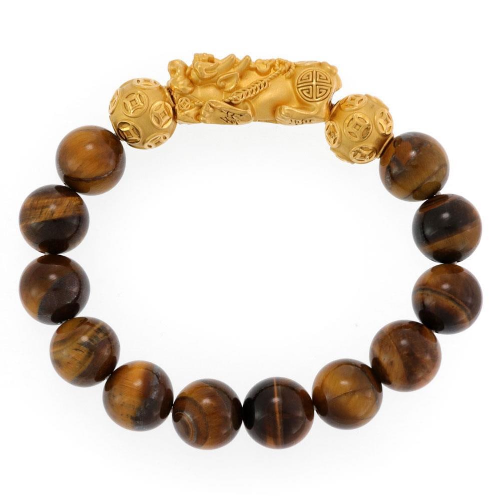 24k Yellow Gold Foo Dog Charm Tiger's Eye Bead Bracelet: 24k Yellow Gold Foo Dog Charm Tiger's Eye Bead Bracelet This striking men's bracelet features a unique combination of 24k yellow gold and 12 high-polished tiger's eye beads, each measuring 14mm. The b