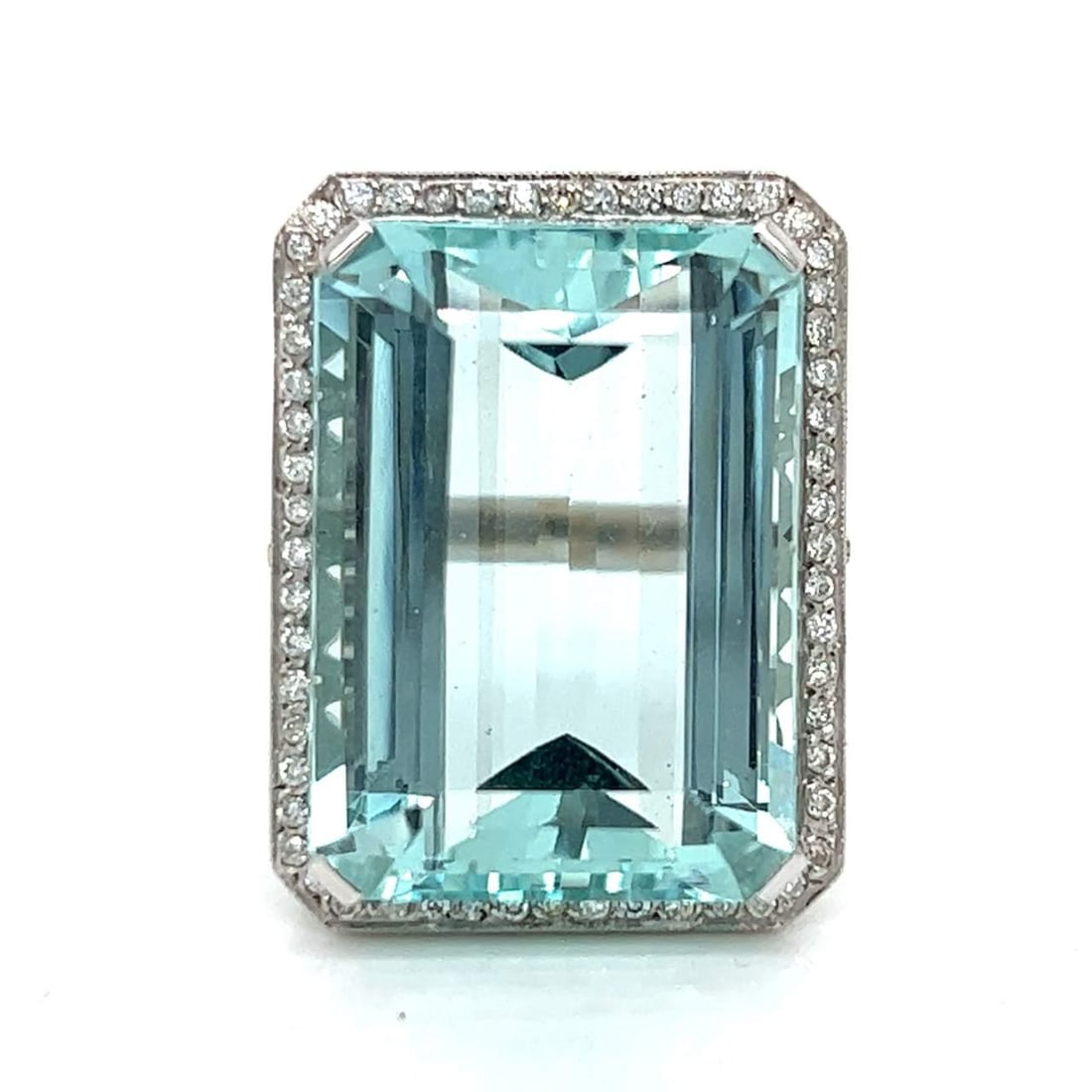 Platinum 18K White Gold Aquamarine Diamond Ring 47 Ct 56 Stones: Platinum 18K White Gold Aquamarine Diamond Ring 47 Ct 56 Stones This stunning ring features a captivating blend of platinum and 18K white gold, beautifully showcasing an approximate 47.00 Ct. aquamari