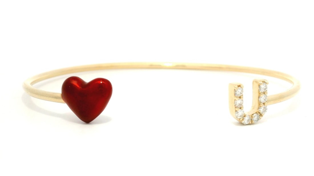 Alison Lou 14k Yellow Gold Diamond Red Enamel Heart Cuff Bracelet: Alison Lou 14k Yellow Gold Diamond Red Enamel Heart Cuff Bracelet This stunning open cuff bangle bracelet features a vibrant red enamel heart adorned with eight natural brilliant cut diamonds. Crafted