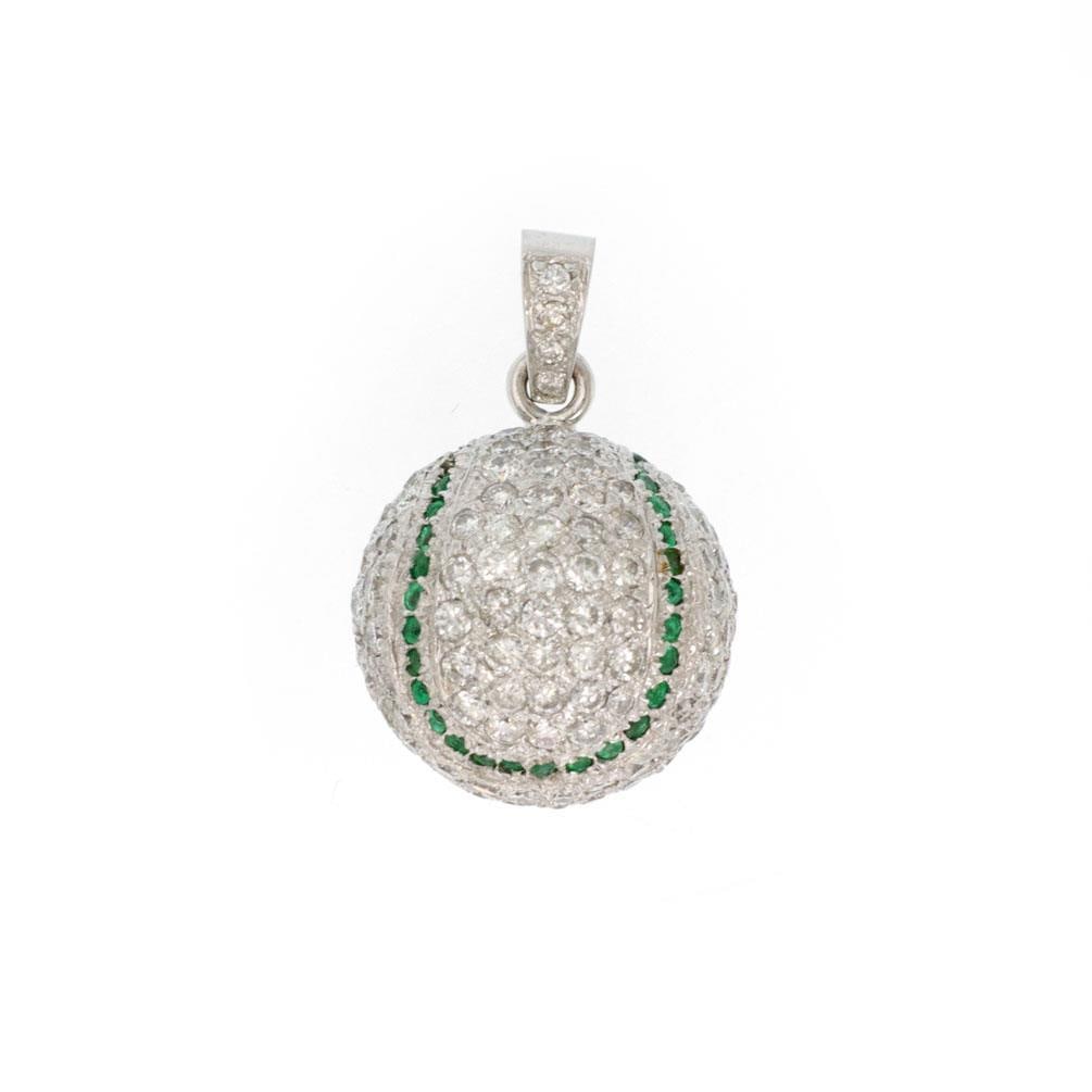 Stunning 6.50ct Diamond Emerald 14k White Gold Baseball Pendant: Stunning 6.50ct Diamond Emerald 14k White Gold Baseball Pendant This exquisite pendant showcases a stunning baseball design, fully adorned with sparkling diamonds and accented by the iconic curved lin