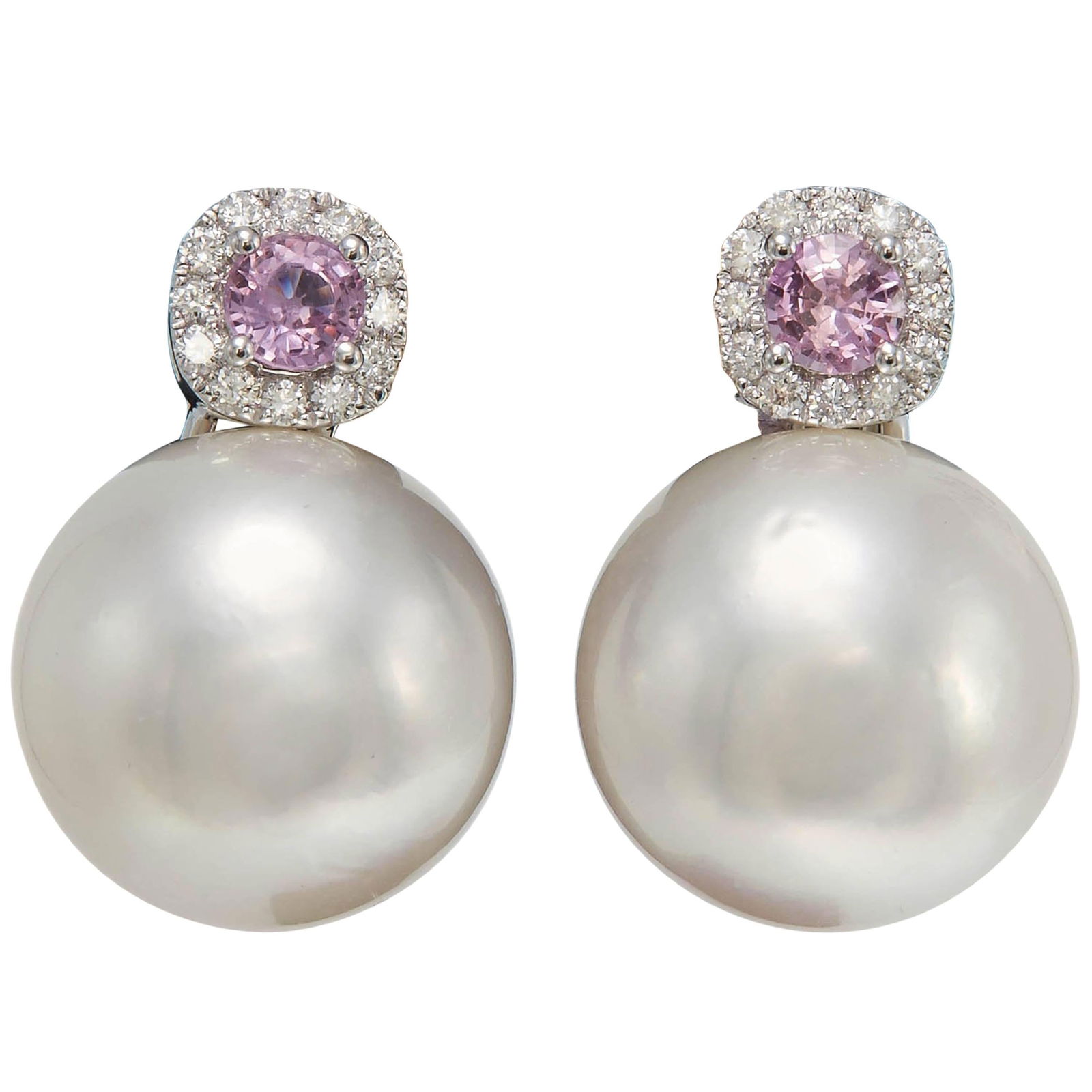 Harbor Diamonds 18k White Gold South Sea Pearl Drop Earrings with Pink Sapphire and Diamond: Harbor Diamonds 18k White Gold South Sea Pearl Drop Earrings with Pink Sapphire and Diamond Elevate your elegance with these stunning South Sea Pearl and Pink Sapphire Drop Earrings, expertly crafted